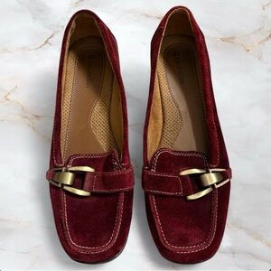 Naturalizer Burgundy Suede Loafers | Brass/Gold Buckle Detail | Square Toe